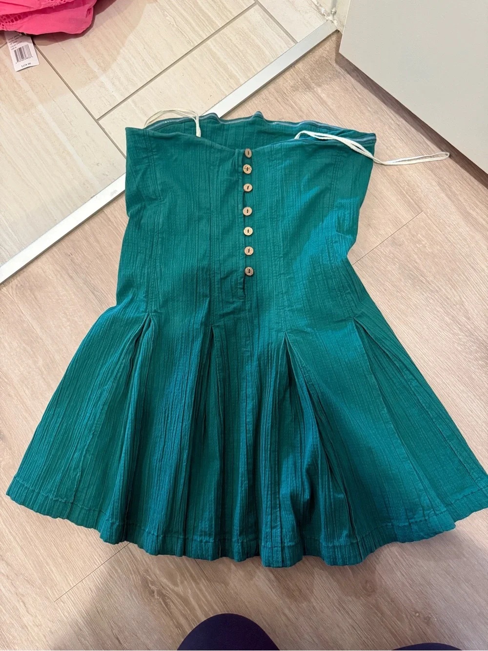 Free People Teal Strapless Pleated Mini Dress
